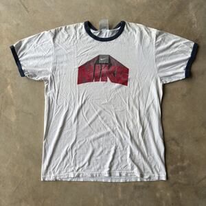 VINTAGE NIKE SPELLOUT LOGO SHIRT RINGER MENS LARGE GRAY 00S Y2K GRAPHIC TEE